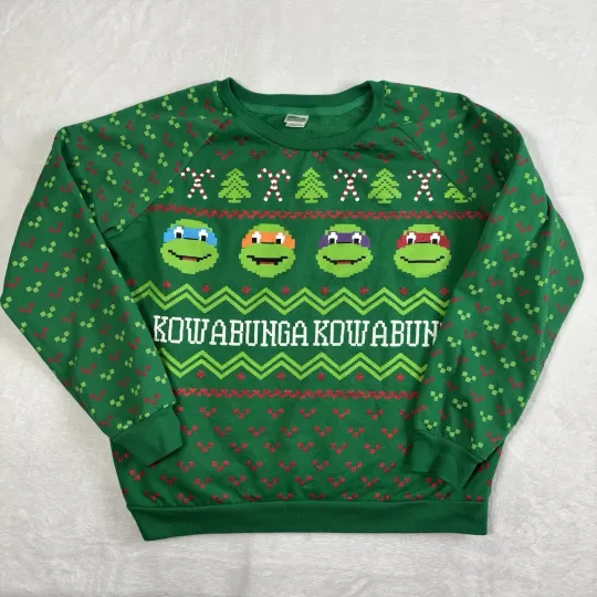 Nick 90s TMNT Ninja Turtles Green Ugly Christmas Sweater Kowabunga Women's XL
