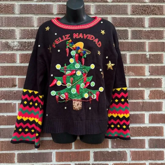 Holiday Time Feliz Navidad Christmas tree 3DPeppers Ugly Sweater Size L