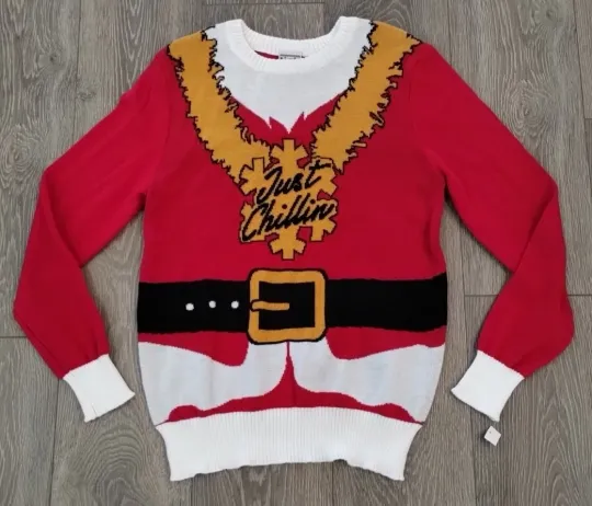 Discover Women's "Just Chillin" Santa Suit Ugly Christmas Sweater (Size Medium) Red