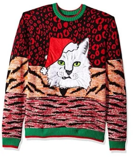 Discover Men's Ugly Christmas Sweater Cat Small Orange/Red