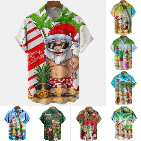 Discover Mens Christmas Xmas Short Sleeve Shirt V-Neck Polo Santas Beach Party Tops Gifts