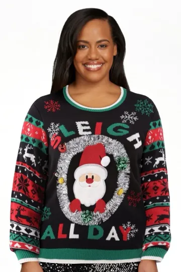 Discover No Boundaries Women's 'Santa Sleigh All Day' Ugly Christmas Sweater, SZ L(12-14)