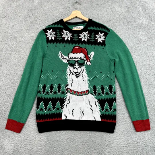 Discover Novelty Christmas Sweater Women L Green Fair Isle Cool Llama Ugly Holiday Party