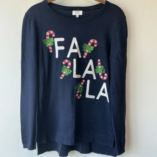Preppy Christmas Sweater “Fa La La” Sequin Candy Cane Holly Sz S Chest 34