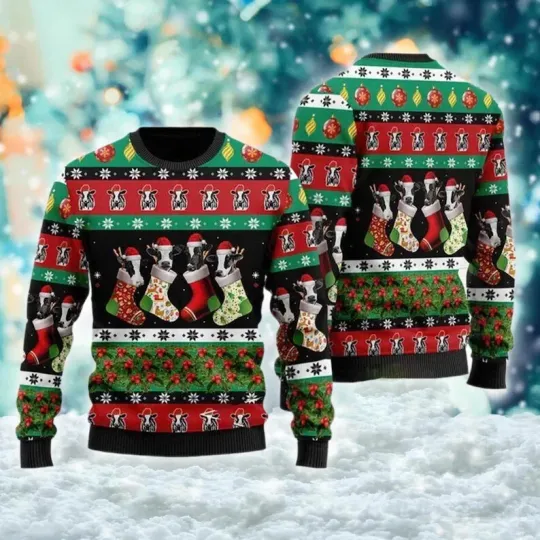 BG Cow Christmas Lights Ugly Christmas Sweater, Dairy Cow Ugly Christmas Sweater