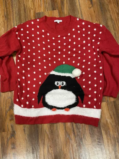 Ugly Christmas Sweater Cute Chubby Penguin Notations Women's 1X Size