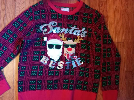 Discover Ugly Christmas Sweater Santa Reindeer Santa Bestie sunglasse Red Green Black lg