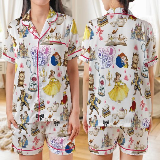 Beauty and The Beast Pajamas, Disney Couple Pajamas, Princess Belle Sleepwear, Mrs. Potts and Chip Matching Pajamas, Magic Kingdom Pajamas