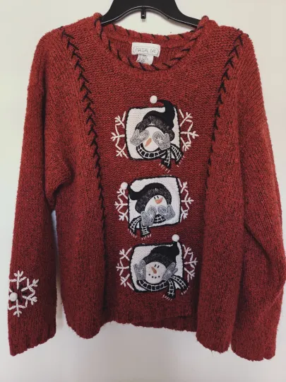 Vintage Mandal Bay Sweater Women's Large Red Snowmen Christmas Holiday Red