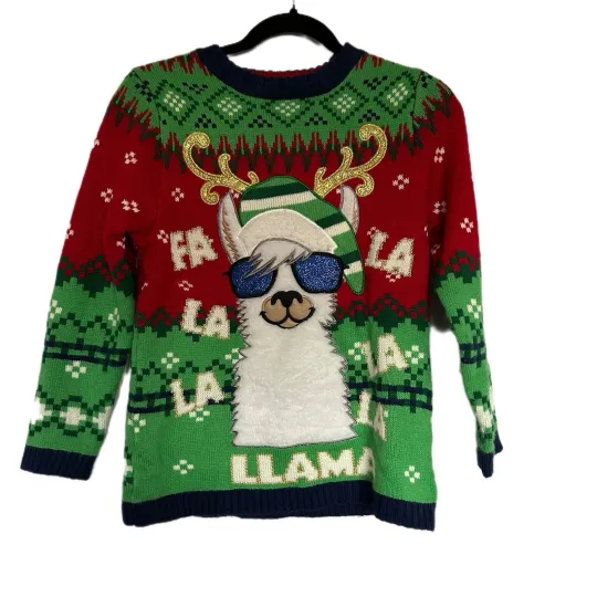 33 Degrees Medium Llama Ugly Christmas Sweater Reindeer Hat Fa La la Holiday EUC