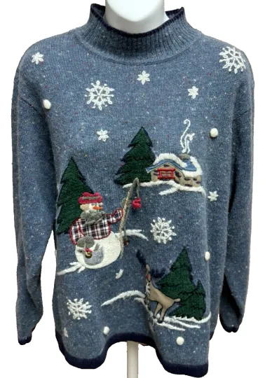 Discover OHI Ugly Christmas Sweater Size XL Tree Party Womens size Small TACKY Blue Mock