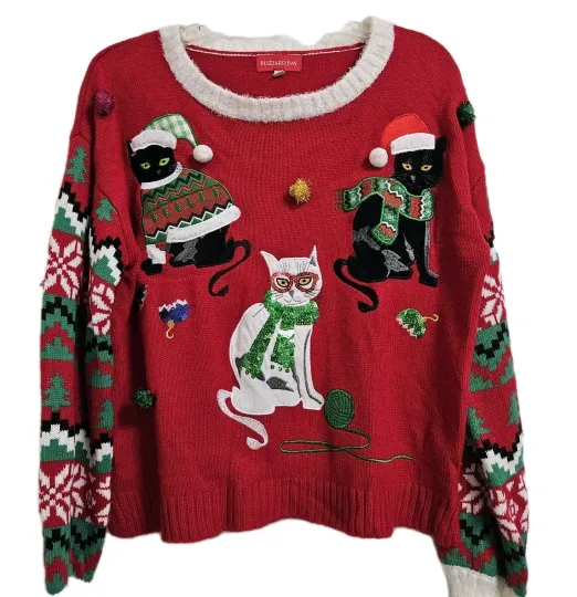 Blizzard Bay Meowy Christmas Cat Ugly SWEATER Holiday Sequin Women's Medium VGUC