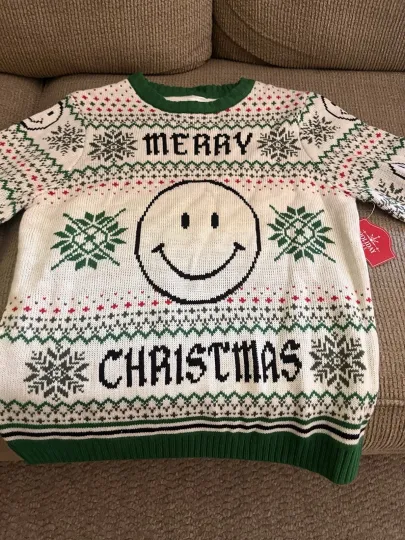 Discover Holiday Time Ugly Christmas Sweater Women's XL 18, Smiley Face White