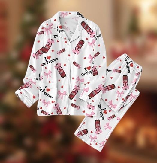 Discover Soda Lover Pajama Set, Cute Pink Bow and Heart Print Sleepwear for Women & Men, Valentine Theme Cozy PJs, Funny Loungewear Gift