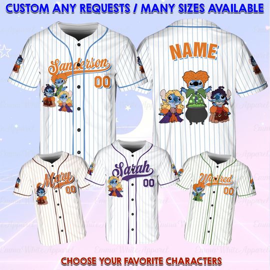 Discover Stitch The Sanderson Sisters Halloween Jersey, Stitch Cosplay Hocus Pocus Shirt, Stitch Horror Halloween Shirt,Disney Halloween Stitch Shirt
