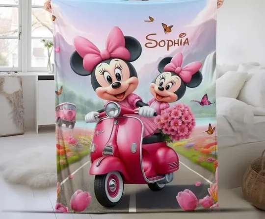 Disney Minnie Mouse Pink Motorbike Watercolor Customize Fleece Blanket
