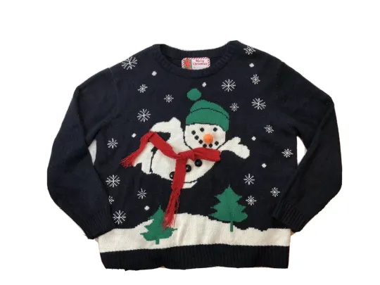 Discover Merry Christmas Sweater Womens Large Ugly Navy Blue Snowman 3D Nose Scarf T1