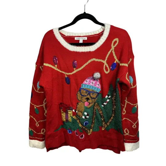 Ugly Christmas Sweater Womens L Embroidered Sequin Dog Graphic Holiday Party VTG