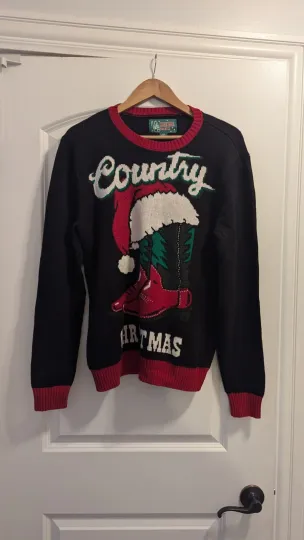 Discover Ugly Christmas Sweater Sz Medium Santa Hat Red Cowboy Boots Country Christmas Bl