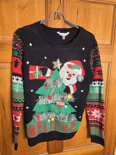 No Boundaries BELIEVE UGLY CHRISTMAS SWEATER Juniors SIZE L 11/13 Tinsel