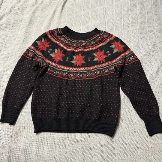 Discover Holiday Time Ugly Christmas Sweater Poinsettias Beads Glitter Small 4/6