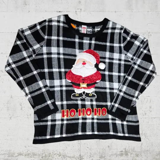 Discover Ugly Christmas Black Plaid Glitter Santa Crewneck Womens Knit Sweater Size XL