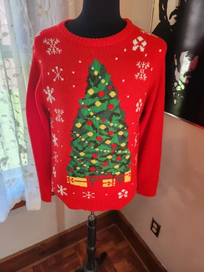 Discover JEM Red Holiday Sweater Christmas Tree and Presents Ugly Christmas Sweater Large