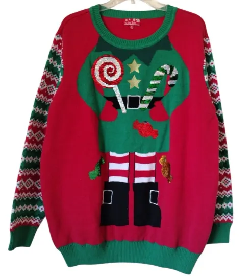 Discover To Be Jolly Christmas Sweater Women XXL Red Green Sequin Candy Elf Ugly Sweater
