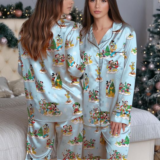 Mickey Mouse And Friends Christmas Satin Pajamas Set, Mickey's Very Merry Christmas Party Pjs, Disney Xmas Holiday Sleepwear Party
