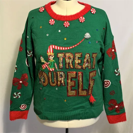 Ugly Christmas Sweater Treat Your Elf Self Peppermint Sequins Green Womens XXL