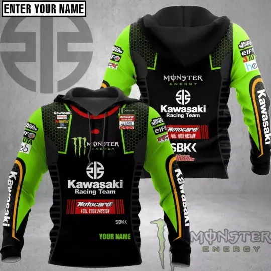 Discover Custom Name 3D Men Kawasaki Racing Hoodie Team Green Motocross 3D Print Hoodie