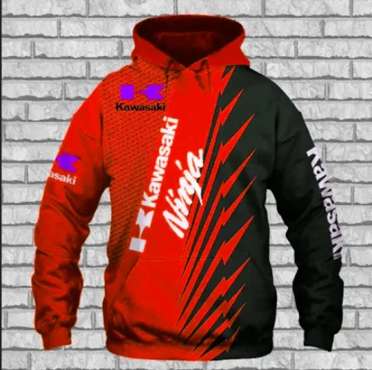 Discover Hoodie 3D Kawasaki Red F1 Team Racing Printed For Gift Full Size US -Lightweight