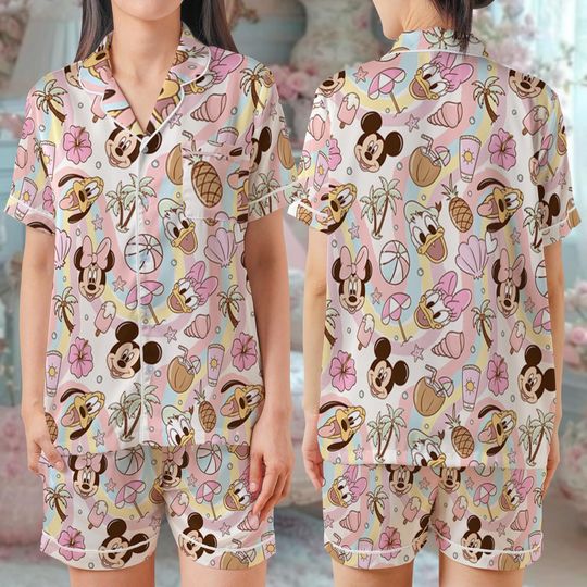 Discover Disney Mickey And Friends Pajama Set, Disneyland Summer Beach Sleepwear, Disney Summer Vibes Mickey Pajamas, Mickey Beach Vibes Loungewear