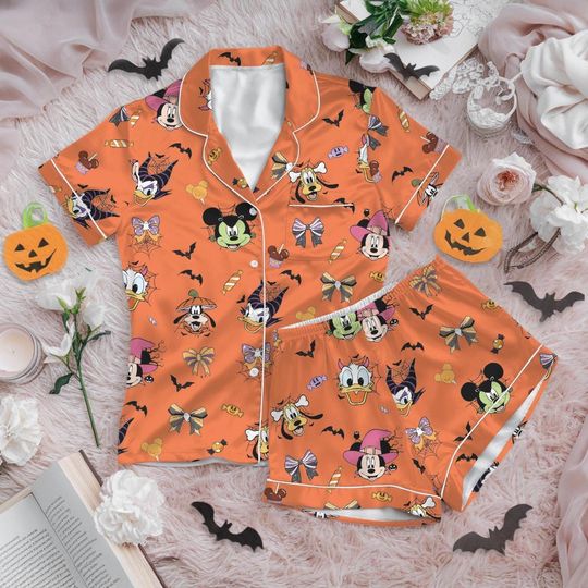 Disney Halloween Satin Pajamas Short Set, Mickey & friends Halloween Short Sleeve Pajamas, Disney Pumpkin Silk Pajamas