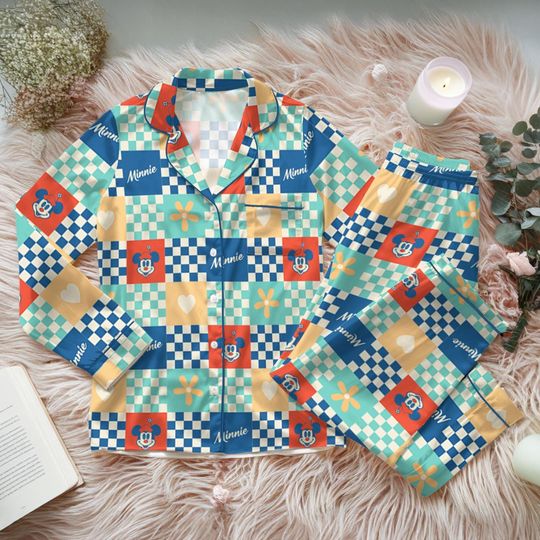 Disney Minnie Mouse Checkered Patchwork Satin Pyjamas Set, Disney Mickey Soft Silky Nightwear, Magic Kingdom Loungewear