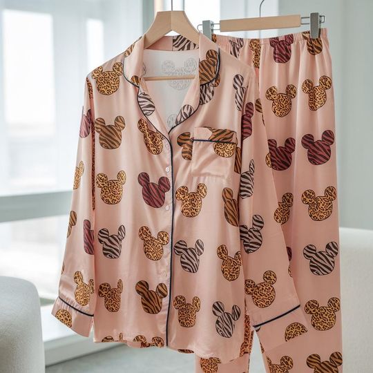 Discover Mickey Mouse Head Ears Leopard Satin Pajamas Set, Animal Kingdom Safari Mode Pajamas, Disneyland Family Matching Pjs, Magic Kingdom Pajamas