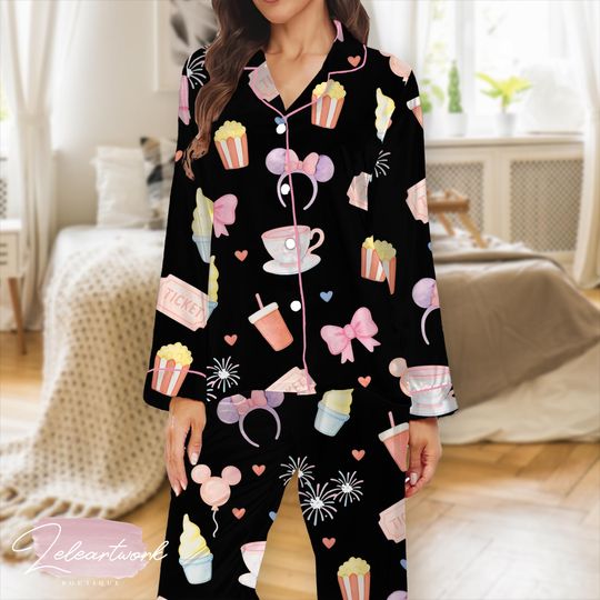 Discover Life of a Park Girl Pajama Set  Cute Theme Park Satin Sleepwear with Popcorn, Bows & Mickey Ears, Fun Loungewear for Women