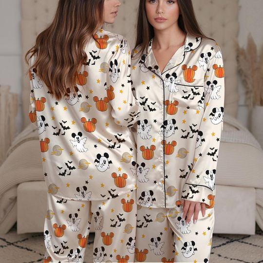 Disney Mickey Friends Halloween Pajama Set, Mickey and Friends Ghost Sleepwear, Retro Mickey Spooky Loungewear Set, Disney Pumpkin Pajamas