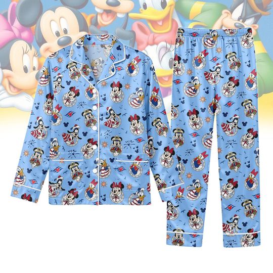 Discover Mickey And Friends Disney Cruise Long Satin Pajamas Set, Mickey Cruise Women Pajamas, Disneyland Vacation Shirt, Sleepwear Gift For Her