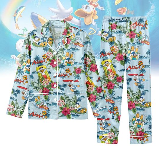 Funny Donald Long Satin Pajamas Set, Disney Donald Duck Pajamas, Mickey And Friends Pajamas, Women Pajamas, Sleepwear Gift For Her