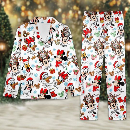 Discover Mickey And Friends Signatures Christmas Pajamas, Mickey's Very Merry Christmas Party Shirt, Mickey Candy Xmas Holiday Sleepwear Set