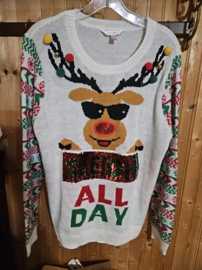 Christmas Ugly Sweater XL Holiday New No Tags Reindeer Sequin Bells Balls 13365☆