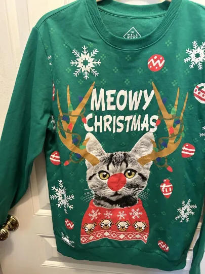 Discover Ugly Christmas Sweater Shirt Green Meowy Christmas Size Small