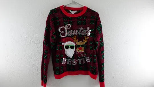 Discover No Boundaries Womens Ugly Christmas Sweater Santa's Bestie Sequins Size LG 11-13