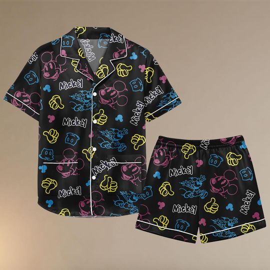 Discover Retro Mickey Mouse Pajama Set for Women, Neon Cartoon Sleepwear Shorts Set, Disney-Inspired Loungewear Gift for Her