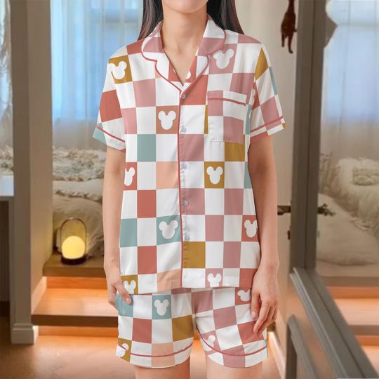 Discover Checkered Mickey Pajama Set, Checkered Magic Kingdom Sleepwear, Classic Checker Mickey Mouse Pjs, Retro Mickey Checkered Loungewear Set