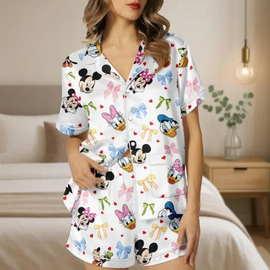 Discover Cute Mickey And Friends Faces Coquette Bow Satin Short-Sleeve Pajamas Set