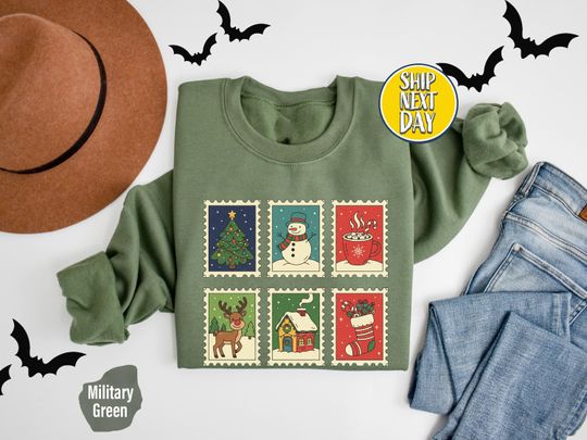 Discover Vintage Christmas Postal Card Sweatshirt: Winter Reindeer Sweater, Snowman Tree Gift, Holiday Gift For Her - CC222