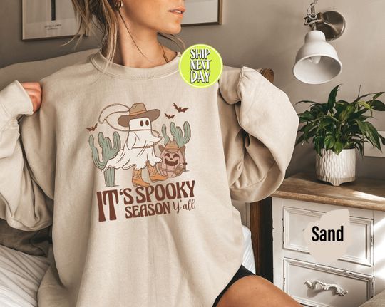 Halloween Crewneck Sweatshirt and Hoodie, Western Cowboy Ghost Spooky Season Shirt