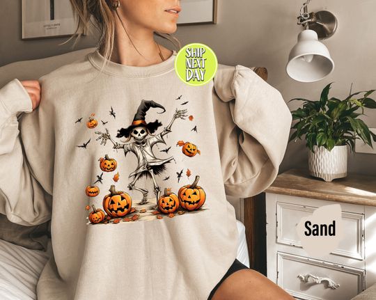 Dancing Skeleton and Pumpkin Sweatshirt, Halloween Fall Sweatshirt, Funny Halloween Costume